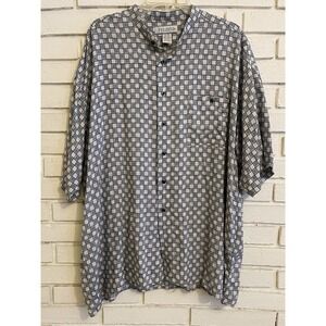 Feldini Band Collar Shirt Men XL‎ Gray Geometric Check Rayon Vintage 90s